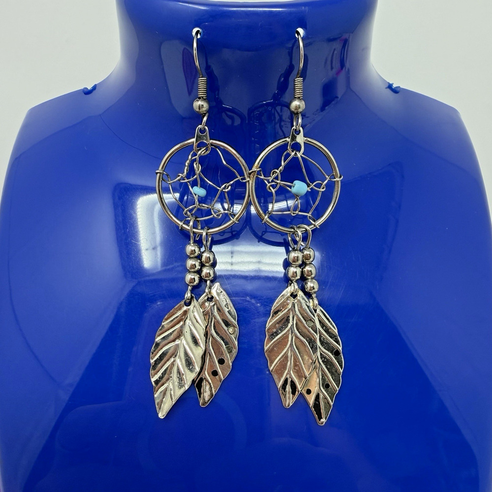 Boho Dreamcatcher Dangle Earrings Silver Tone Feather Turquoise 2"